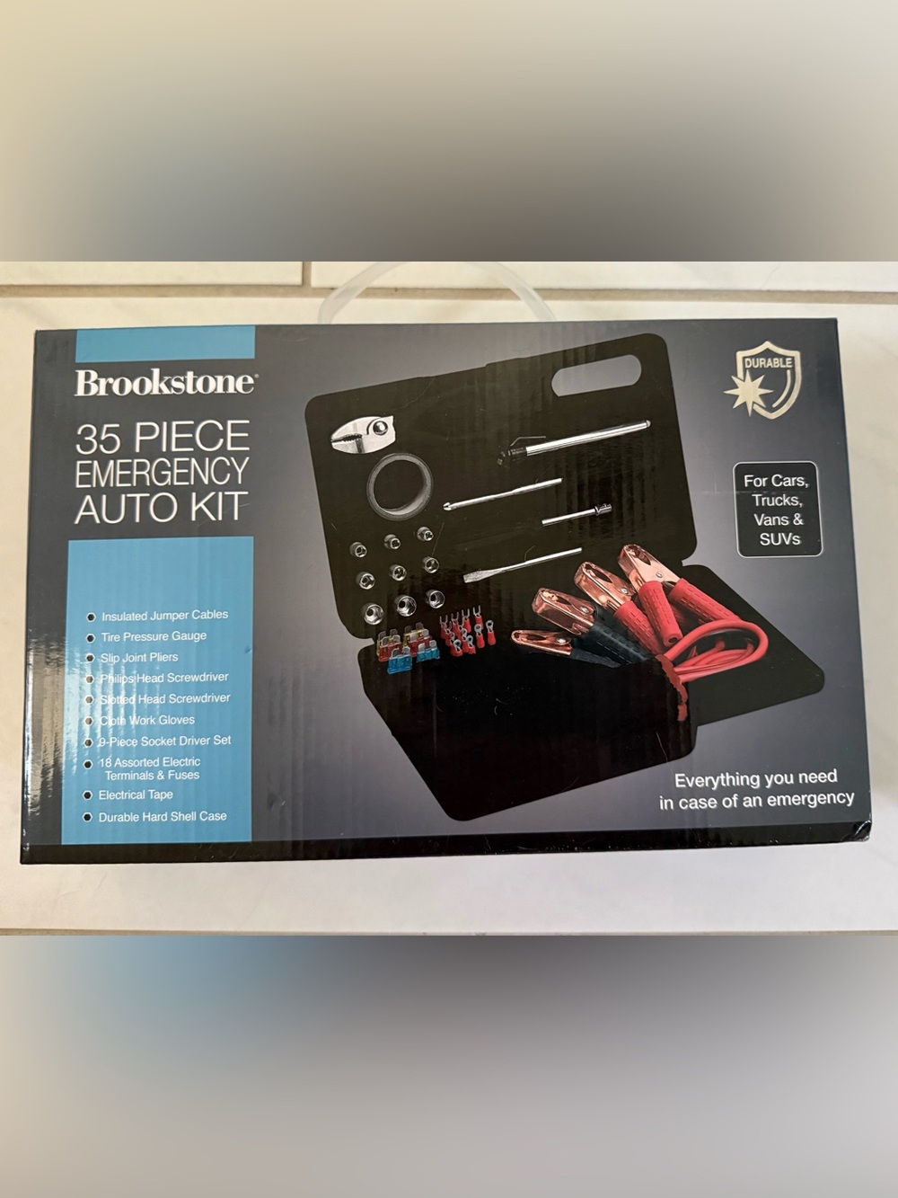 Brookstone 35-Piece Emergency Auto Kit - Black with Red Cables NWOT